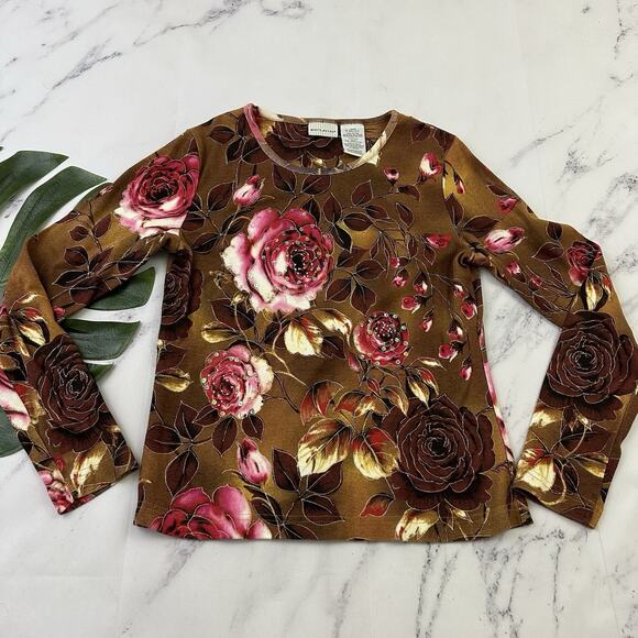 White Stag Vintage Y2k Beaded Top Size S Brown Pink Rose Floral Sequins Tee - Picture 1 of 12